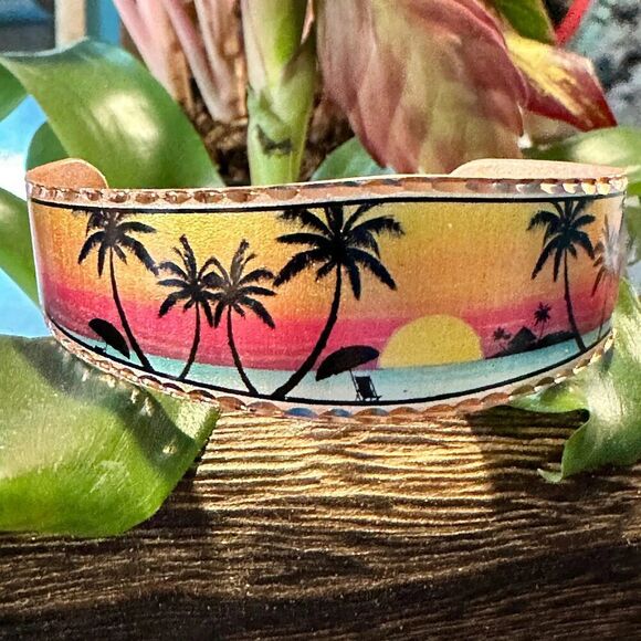 Handmade Boho Tropical Cuff Bracelet, Florida Tropical Palm Wide Cuff Bracelet, - Picture 3 of 9